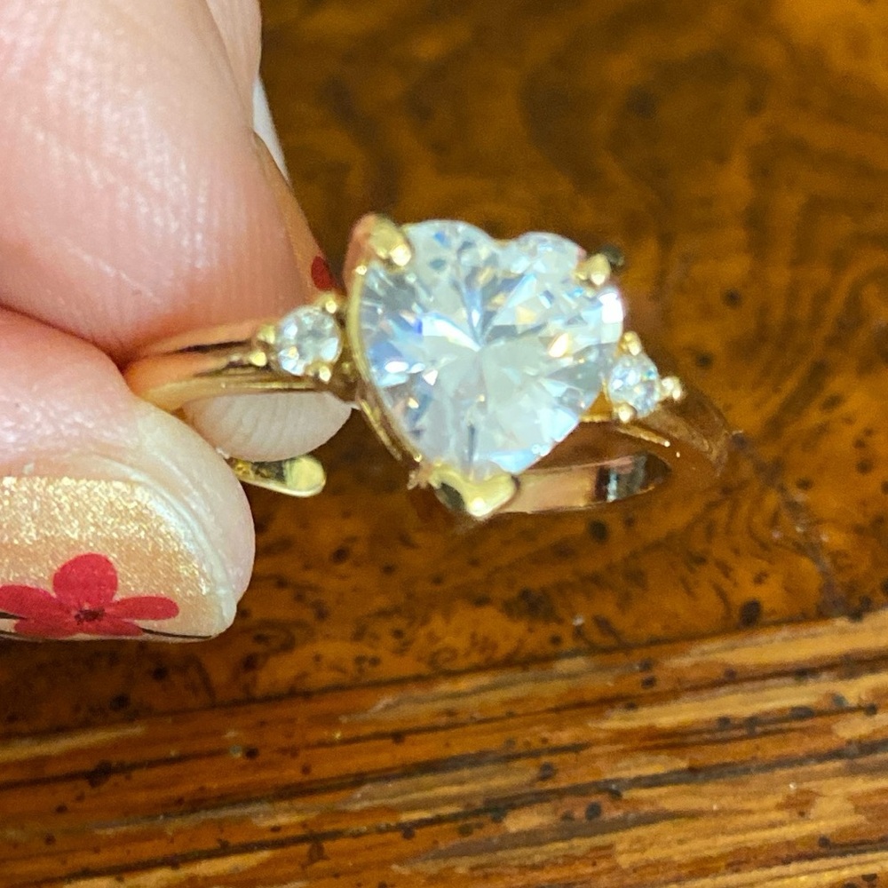 Gold CZ Heart-Shaped Adjustable Ring with CZ Accents size 6-12